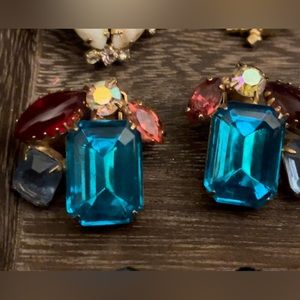 True Vintage Juliana Earrings Large Stone Maui Blue EmCut+Ruby,Smoky,Mermaid